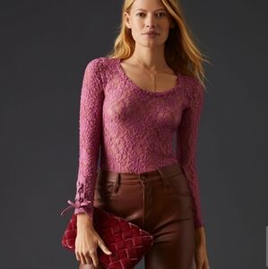 Anthropologie Pink Lace Scoop Neck Top.
